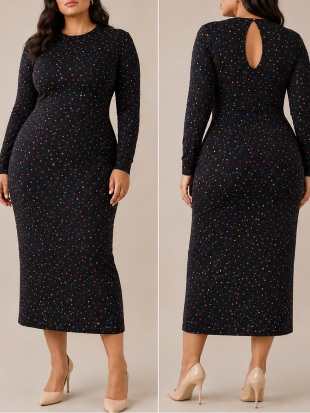 Dancing Leopard Dove Black Abstract Print Long Sleeve Bodycon Stretch Midi Dress
